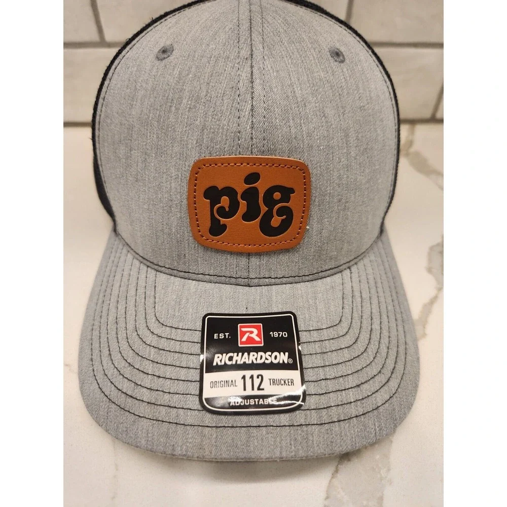 Richardson 112 Pig Square Leather Patch Trucker Hat Gray‎ Black Adjustable Snap
